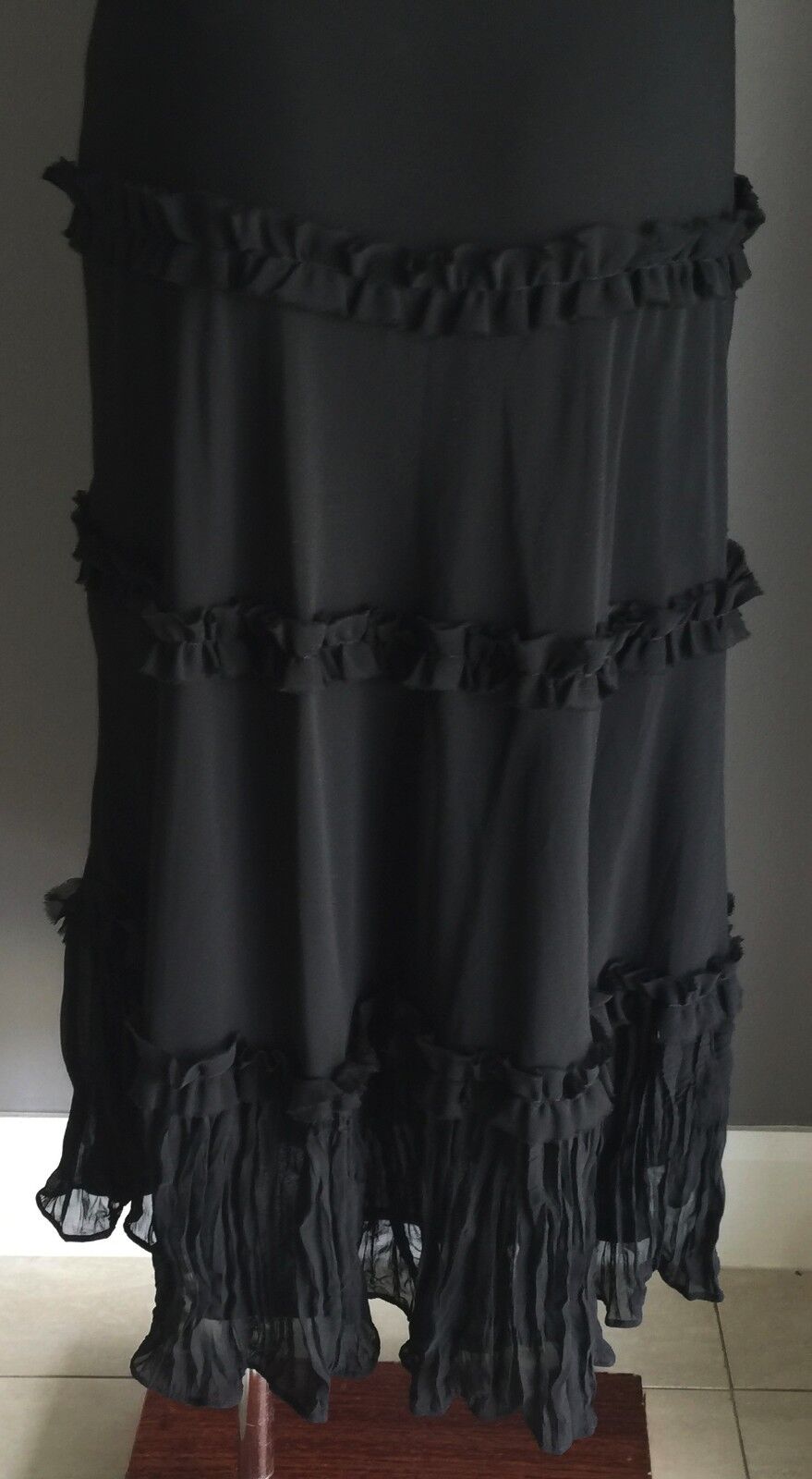 JOHNNY DEXTER Black Maxi Skirt Semi Sheer Tier Layer Ladies Size 10 Unique