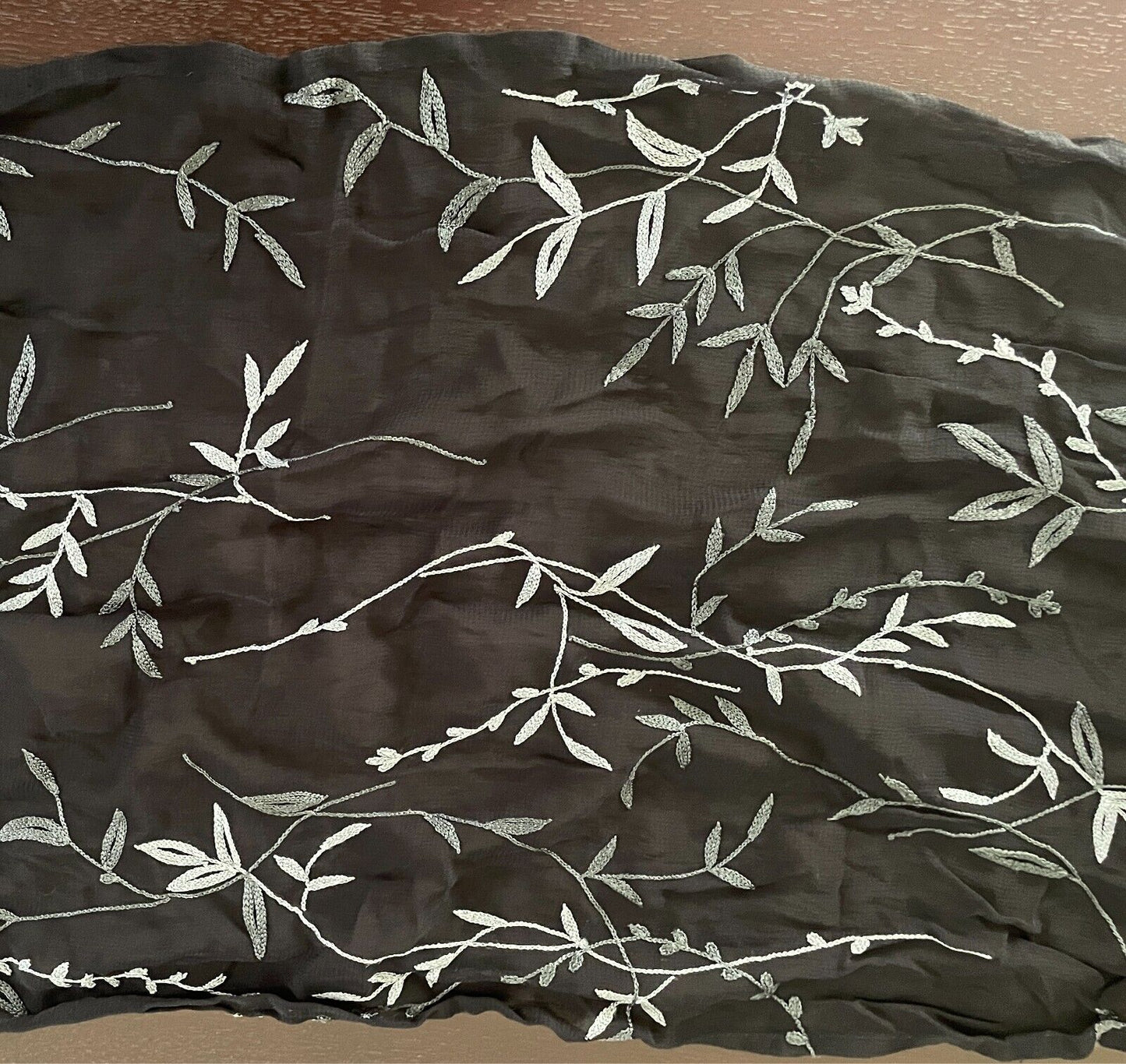 Neck Scarf Black Semi Sheer Crinkle Fabric Embroidered Grey Floral Rectangle