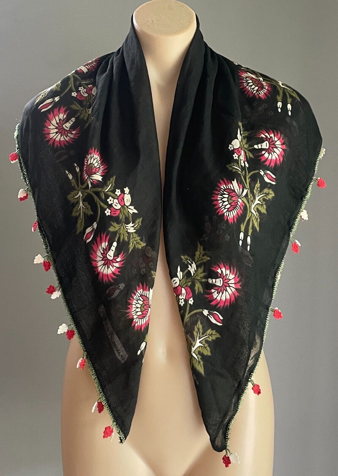 YIKANMIS KESHIN Turkish Cotton Scarf Wrap Floral Print Oya Crochet Edge Trim