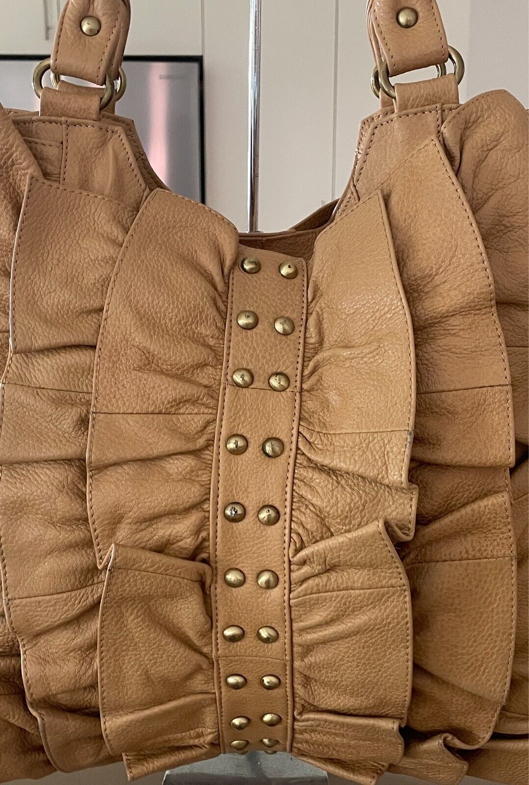 ADA G Leather Camel Colour Shoulder Bag Ruffle & Gold Stud Trim Large Tote Style