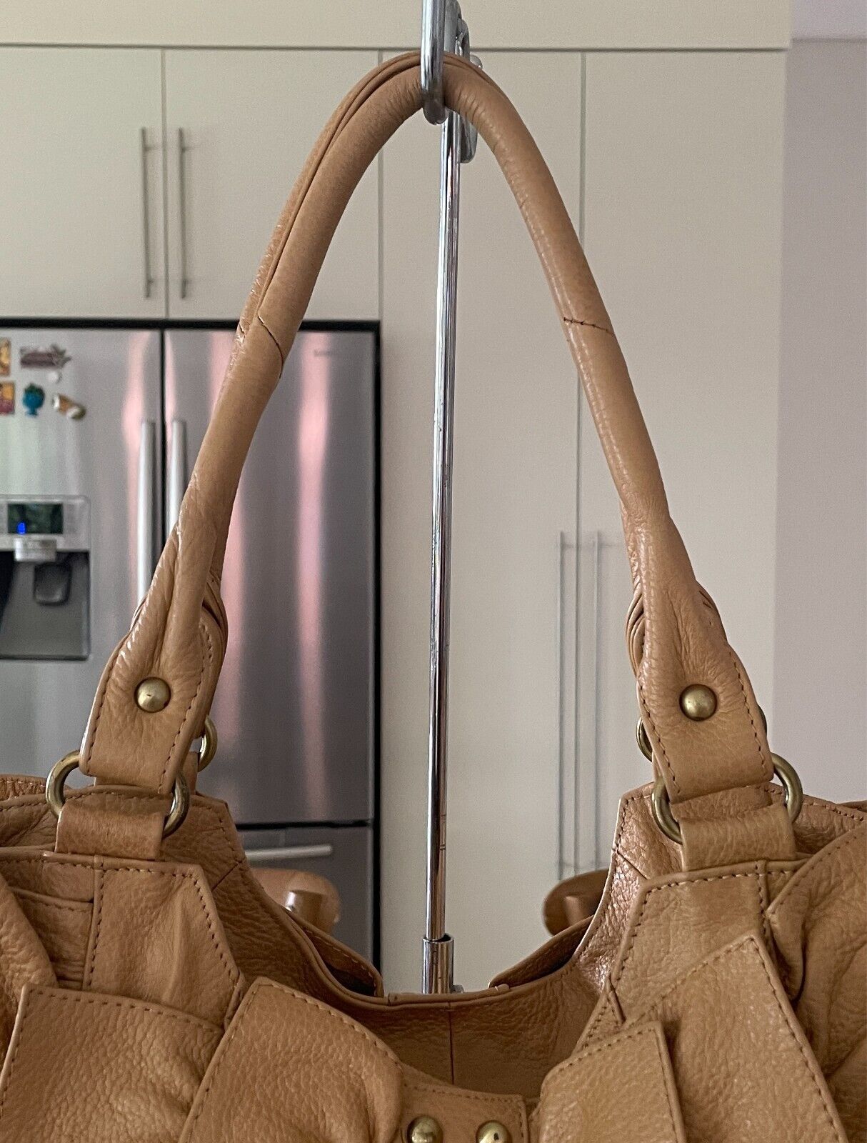 ADA G Leather Camel Colour Shoulder Bag Ruffle & Gold Stud Trim Large Tote Style