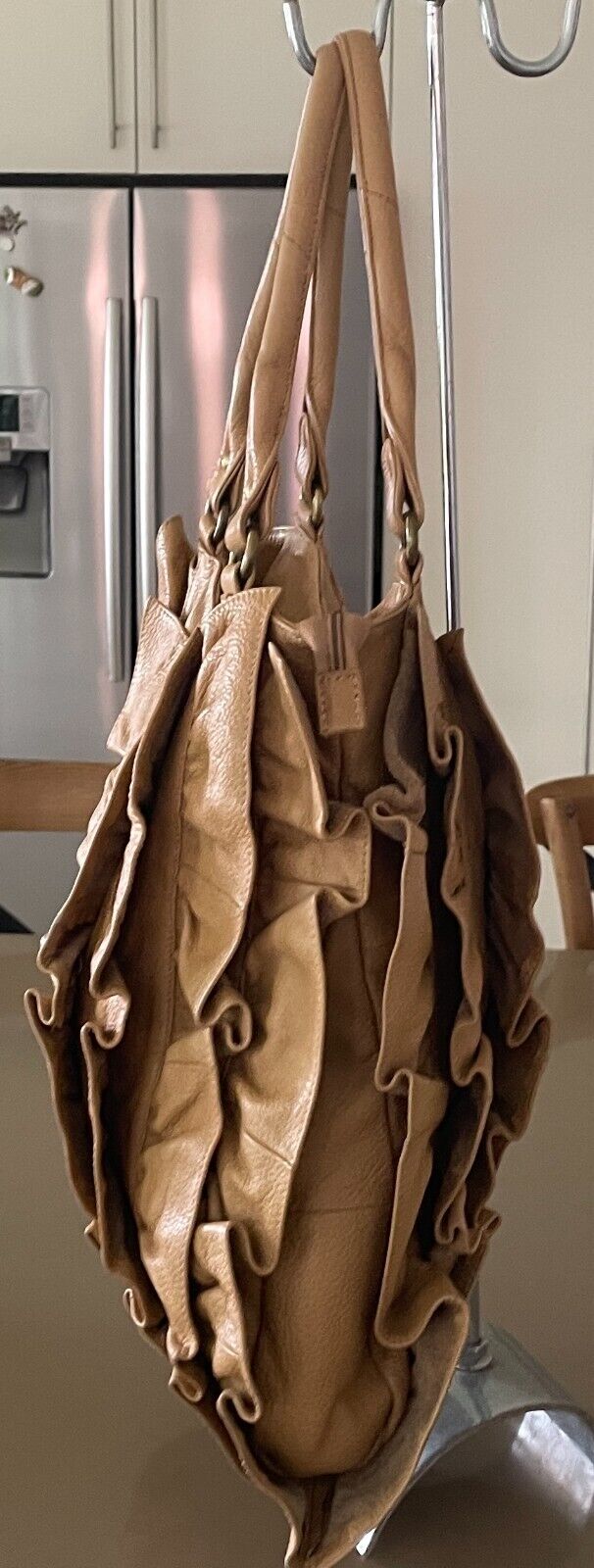 ADA G Leather Camel Colour Shoulder Bag Ruffle & Gold Stud Trim Large Tote Style