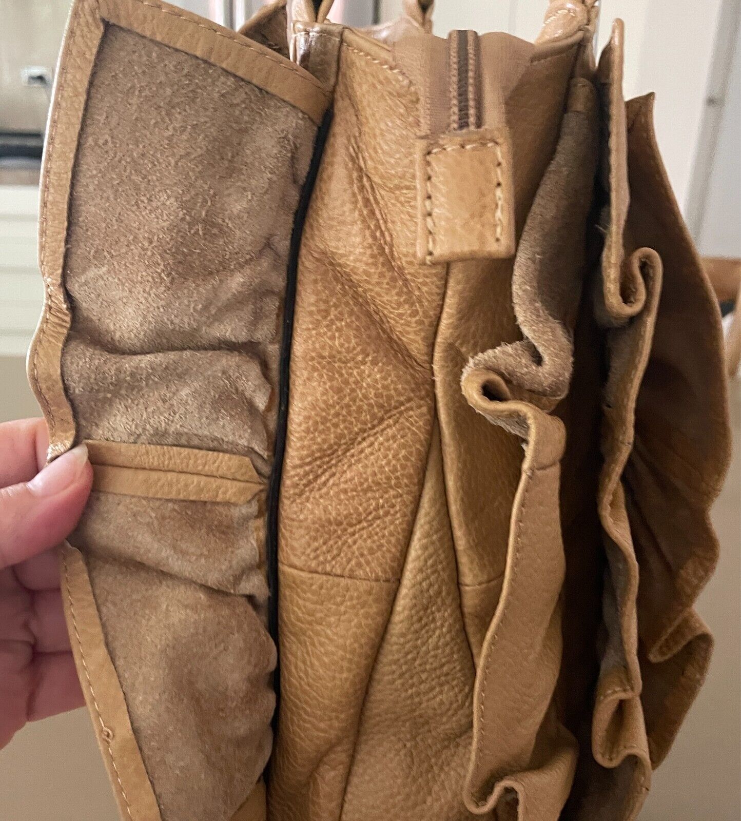 ADA G Leather Camel Colour Shoulder Bag Ruffle & Gold Stud Trim Large Tote Style