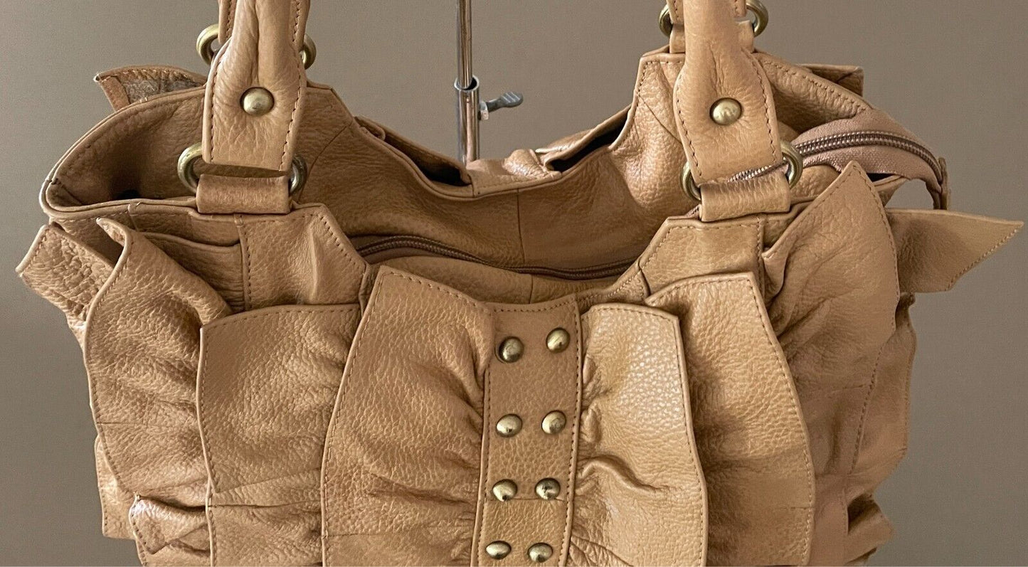 ADA G Leather Camel Colour Shoulder Bag Ruffle & Gold Stud Trim Large Tote Style