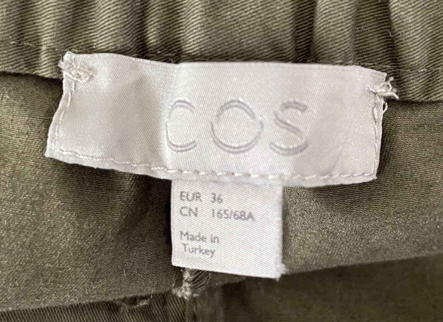 COS Khaki Crop Pants Skinny Leg Elastic Waist Pockets Button Fly Size EU 36 AU 8