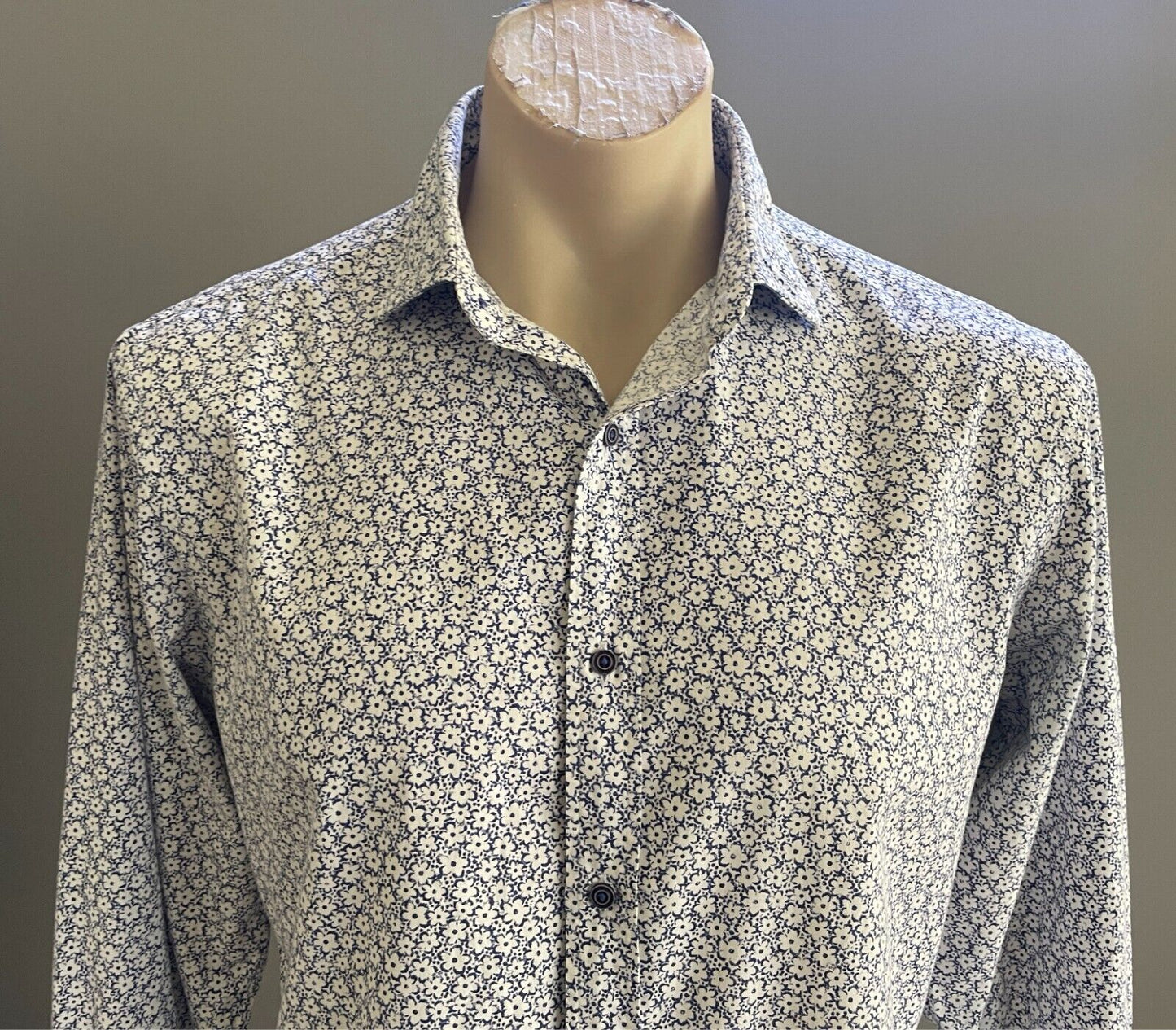 MJB M J BALE White Blue Floral Print Shirt Mens Size M Long Sleeve Cotton