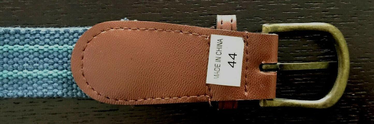 CANVAS Belt Blue & Green Stripe Thick Tan Pleather Trim Mens Size 44