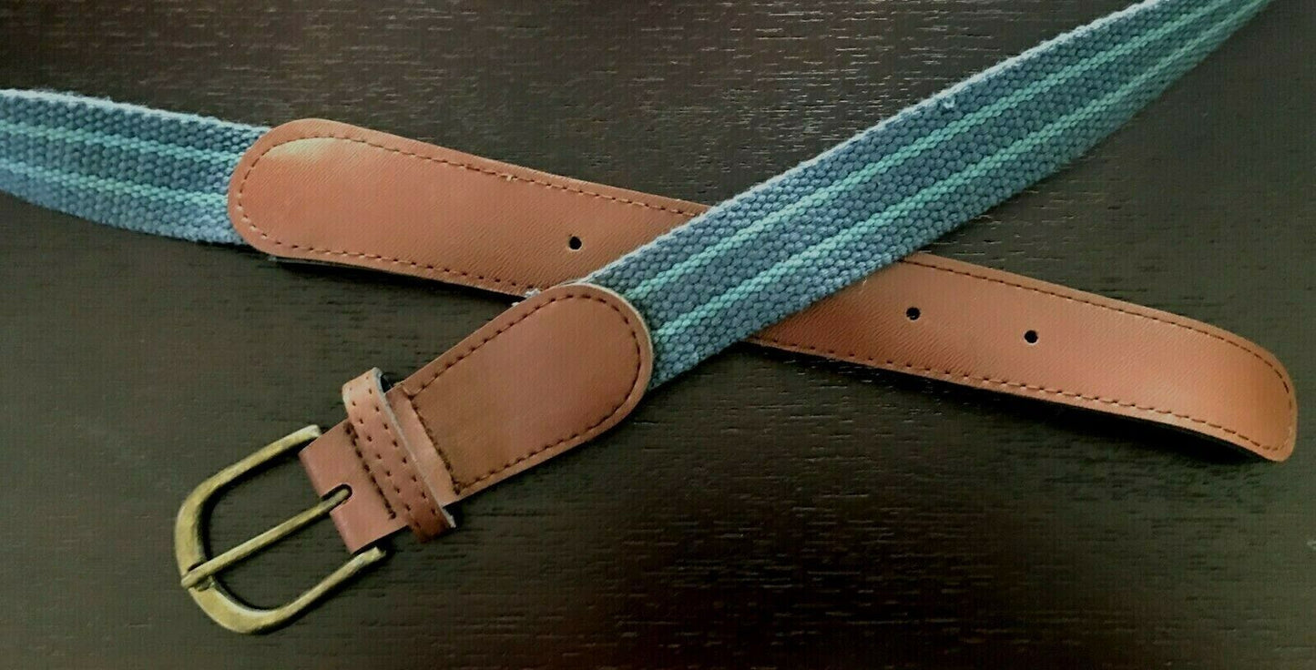 CANVAS Belt Blue & Green Stripe Thick Tan Pleather Trim Mens Size 44