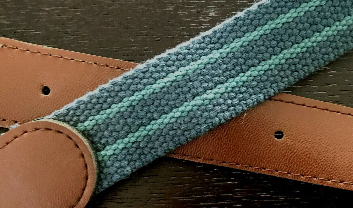 CANVAS Belt Blue & Green Stripe Thick Tan Pleather Trim Mens Size 44