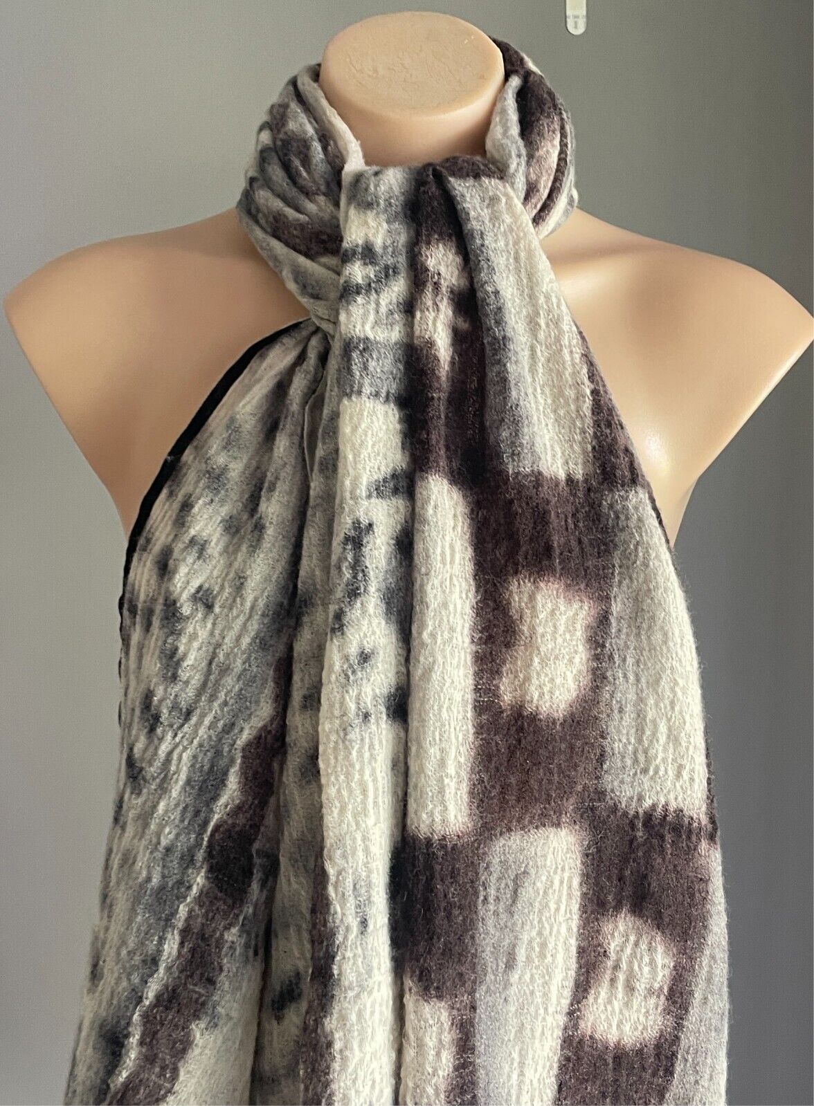 Wool Neck SCARF Brown Black Grey Off White Rectangle Fringe Velour Edge 66x200cm