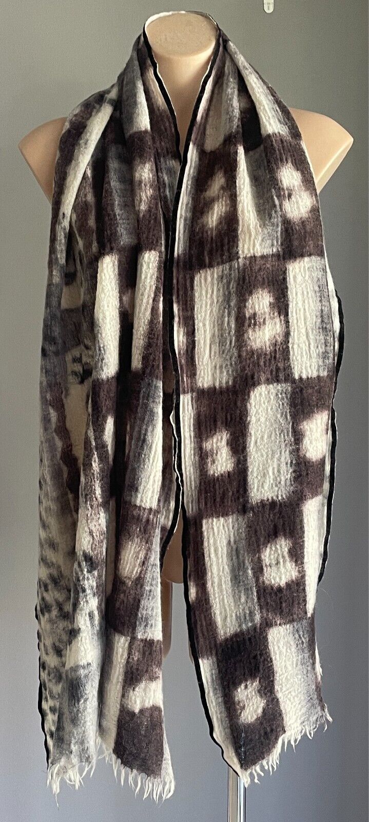 Wool Neck SCARF Brown Black Grey Off White Rectangle Fringe Velour Edge 66x200cm
