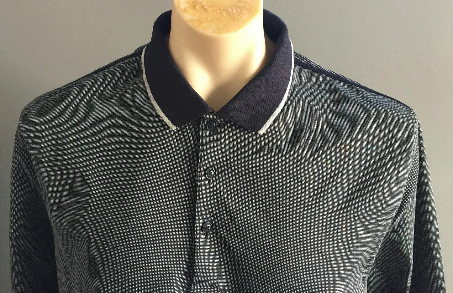 Mens Polo Shirt HUGO BOSS Navy & Grey Long Sleeve Reg Fit Size XL Button Up