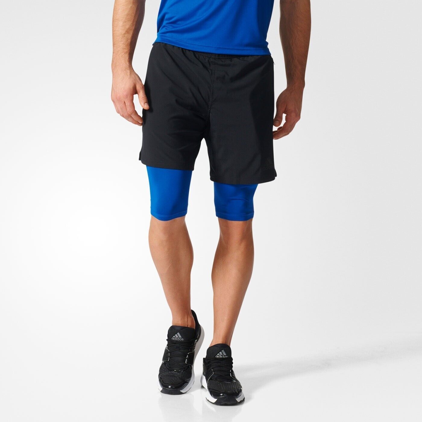 ADIDAS Shorts Black Elastic Drawstring Waist Built in Blue Tights Mens Size L