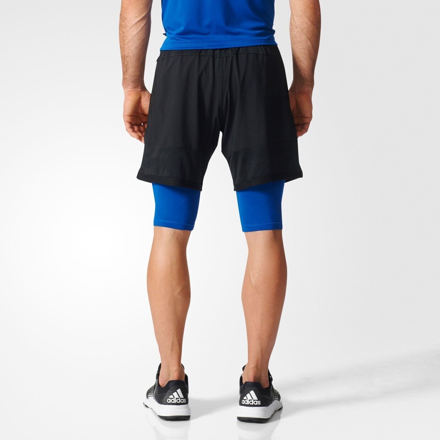 ADIDAS Shorts Black Elastic Drawstring Waist Built in Blue Tights Mens Size L