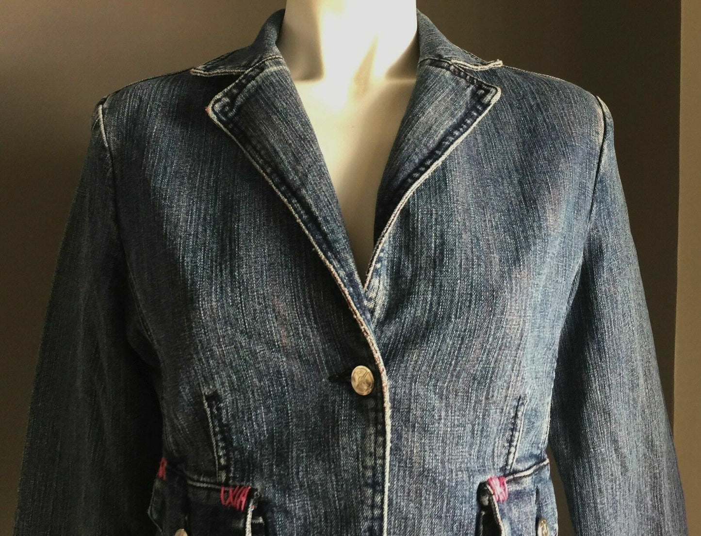 DR C'S Jacket Crop Blue Denim Fitted Jeans Blazer Ladies Size 32 AU 6 8 Retro