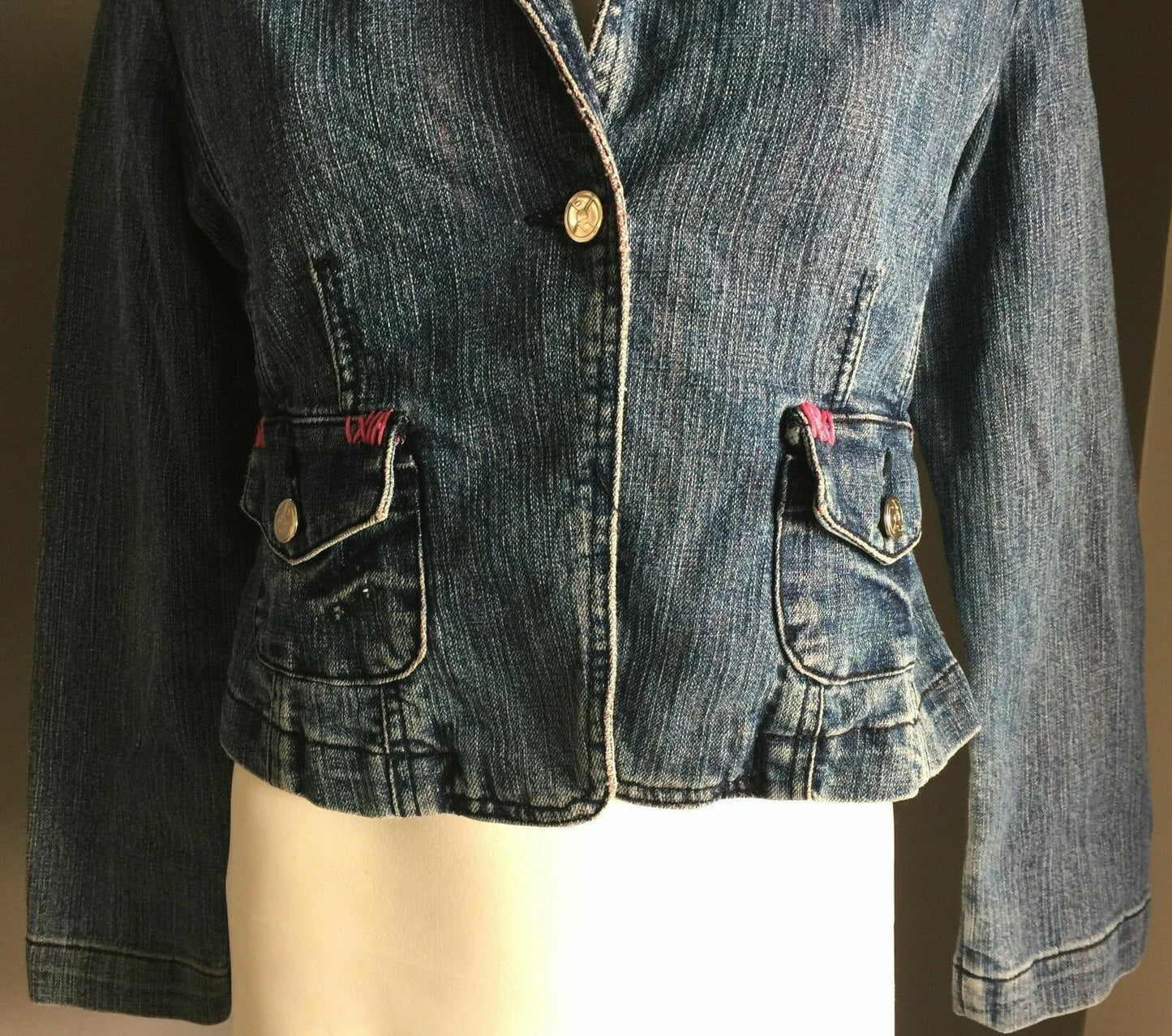 DR C'S Jacket Crop Blue Denim Fitted Jeans Blazer Ladies Size 32 AU 6 8 Retro