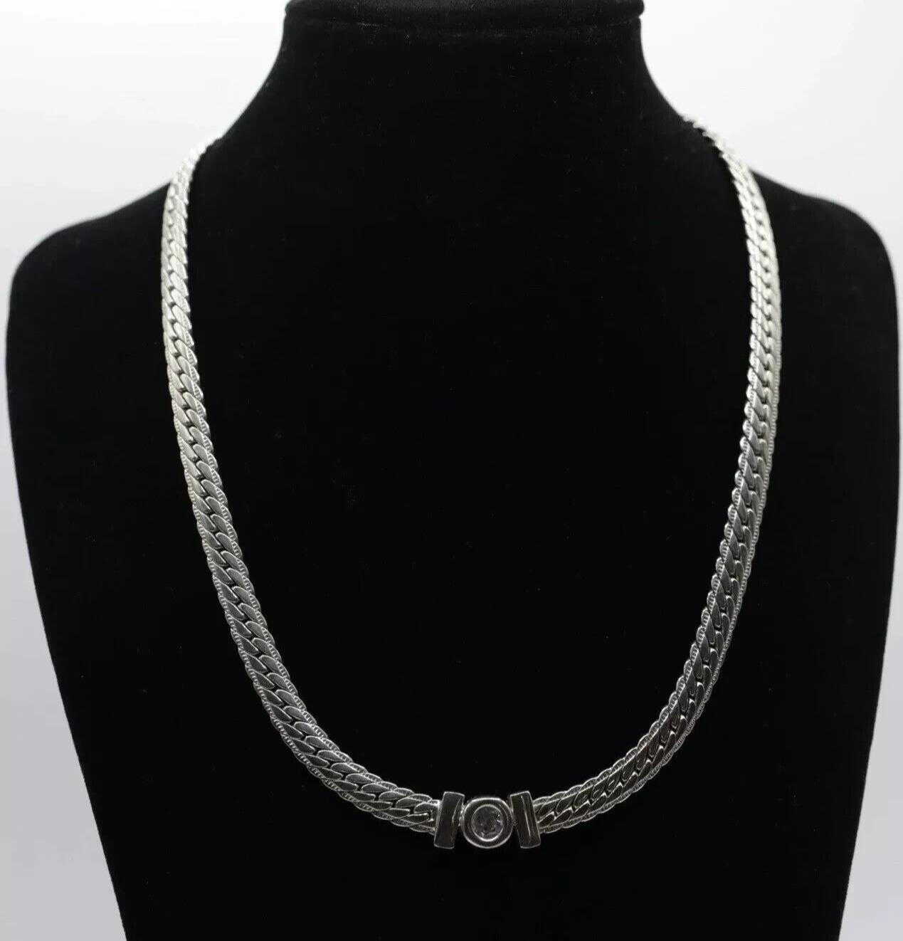 Stainless Steel Chunky Snake Chain Necklace 19cm Cubic Zirconia Stone Centre