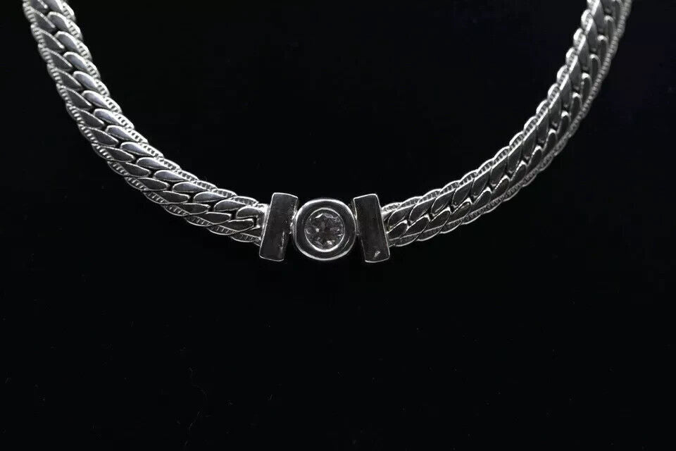 Stainless Steel Chunky Snake Chain Necklace 19cm Cubic Zirconia Stone Centre
