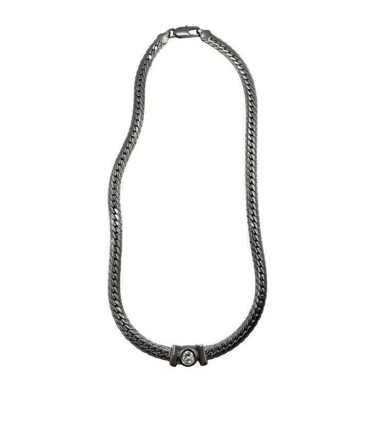 Stainless Steel Chunky Snake Chain Necklace 19cm Cubic Zirconia Stone Centre