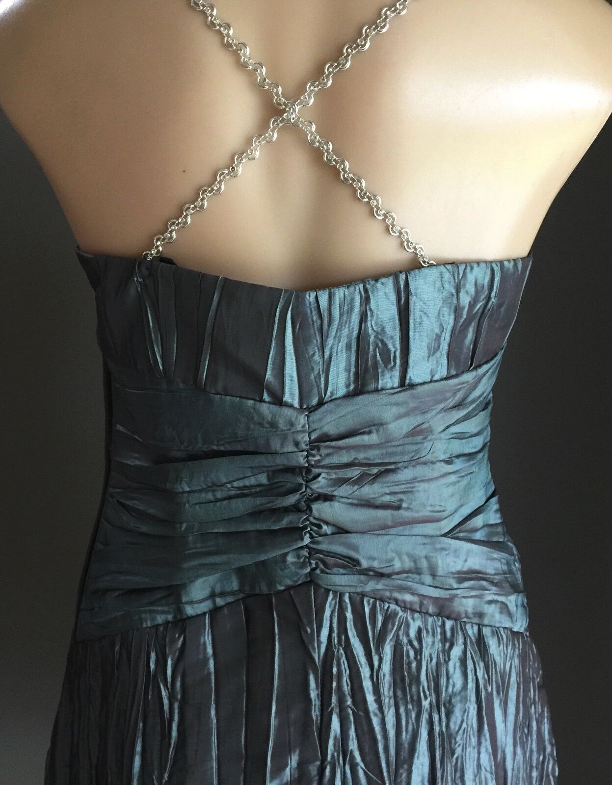 MR K Dress Iridescent Green Chain Strap Pleated Empire Waist Size 12 Mesmerising