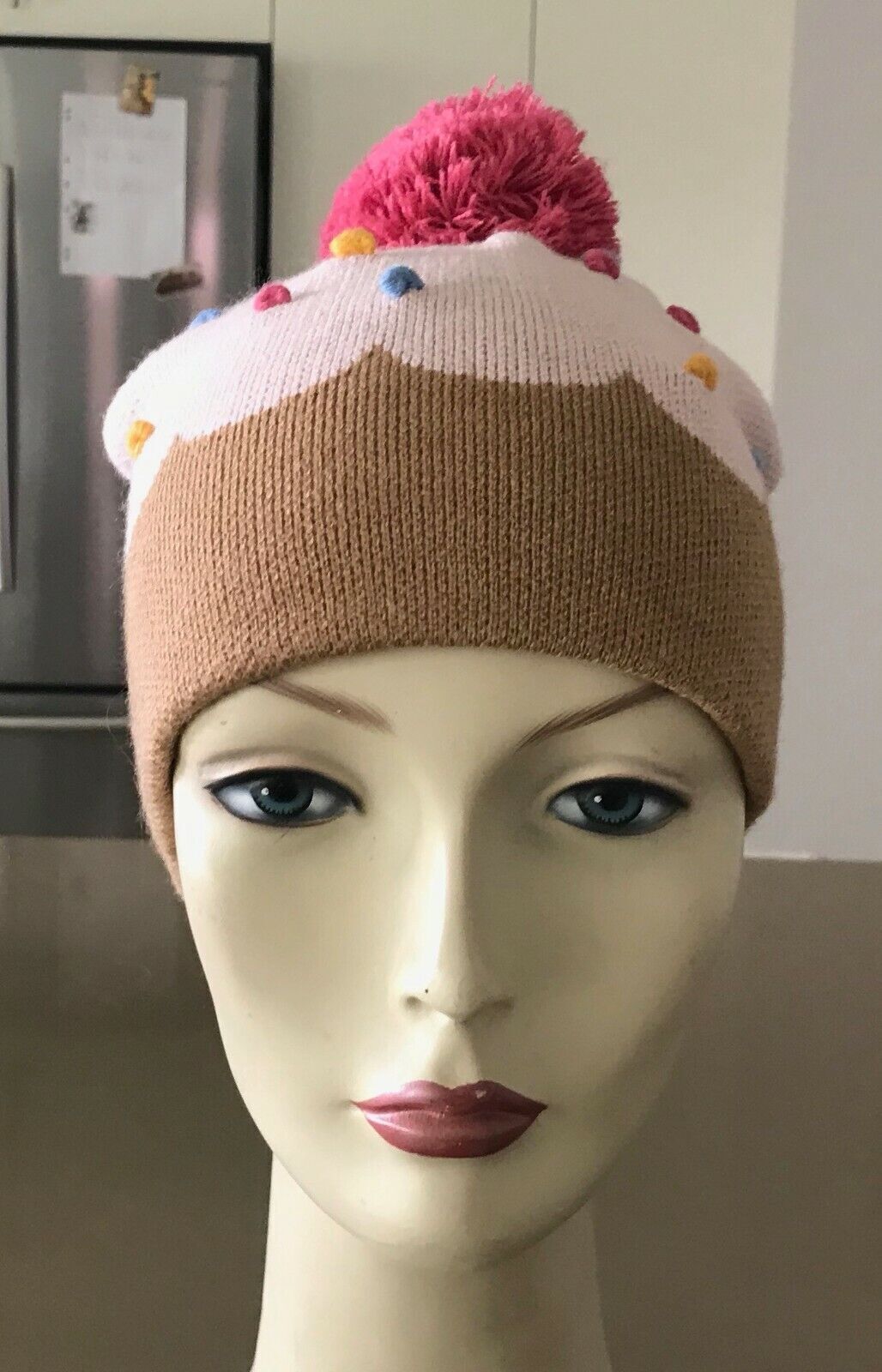 FACTORIE Knit Beanie Brown & Pink Pom Pom Trim Ladies One Size Cap Hat