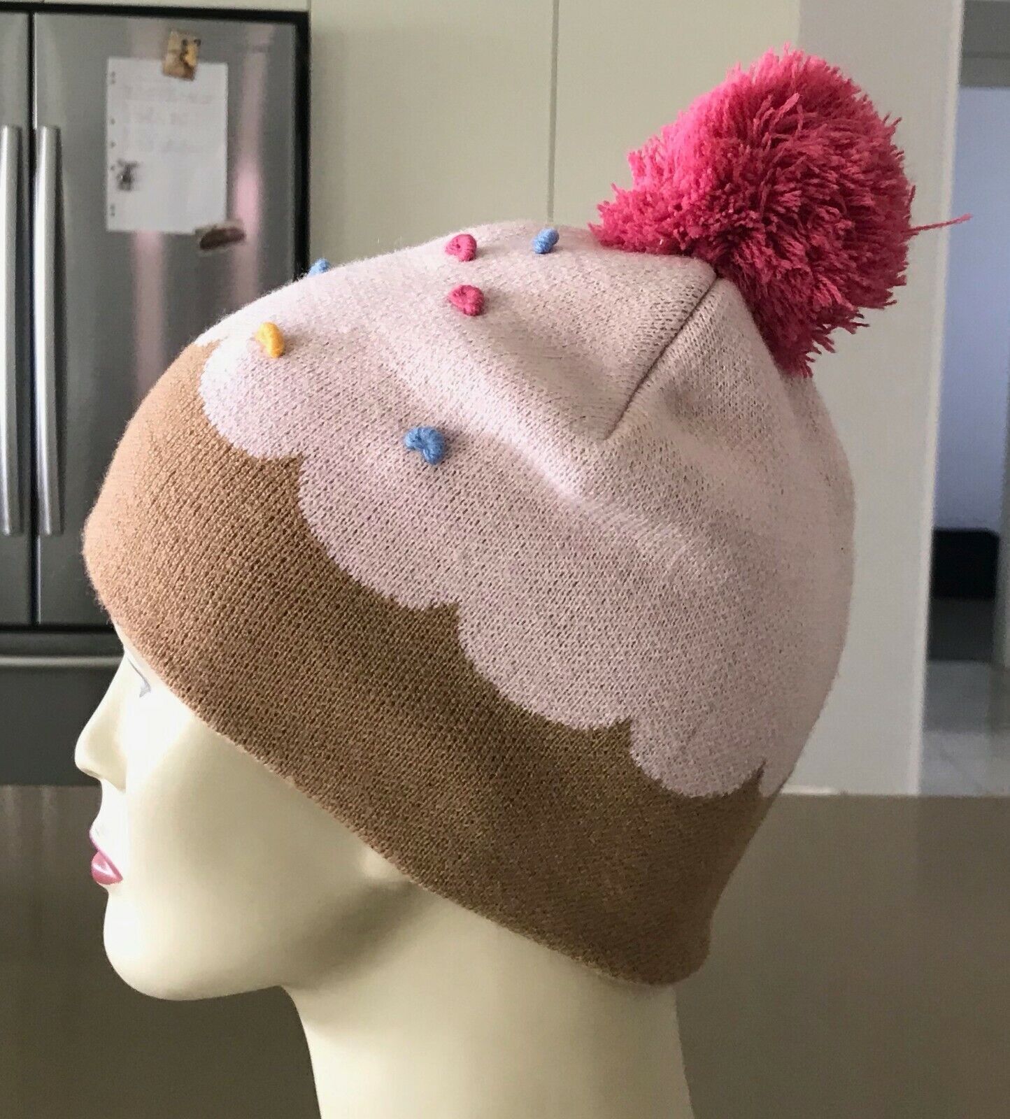 FACTORIE Knit Beanie Brown & Pink Pom Pom Trim Ladies One Size Cap Hat