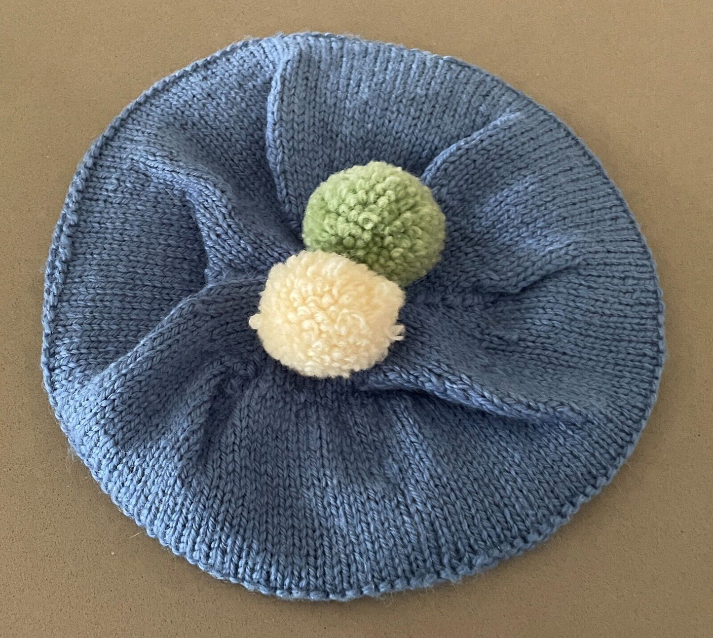 Hand Knitted Blue Beret with Green & Off White Pom Pom Trim Ladies OSFA