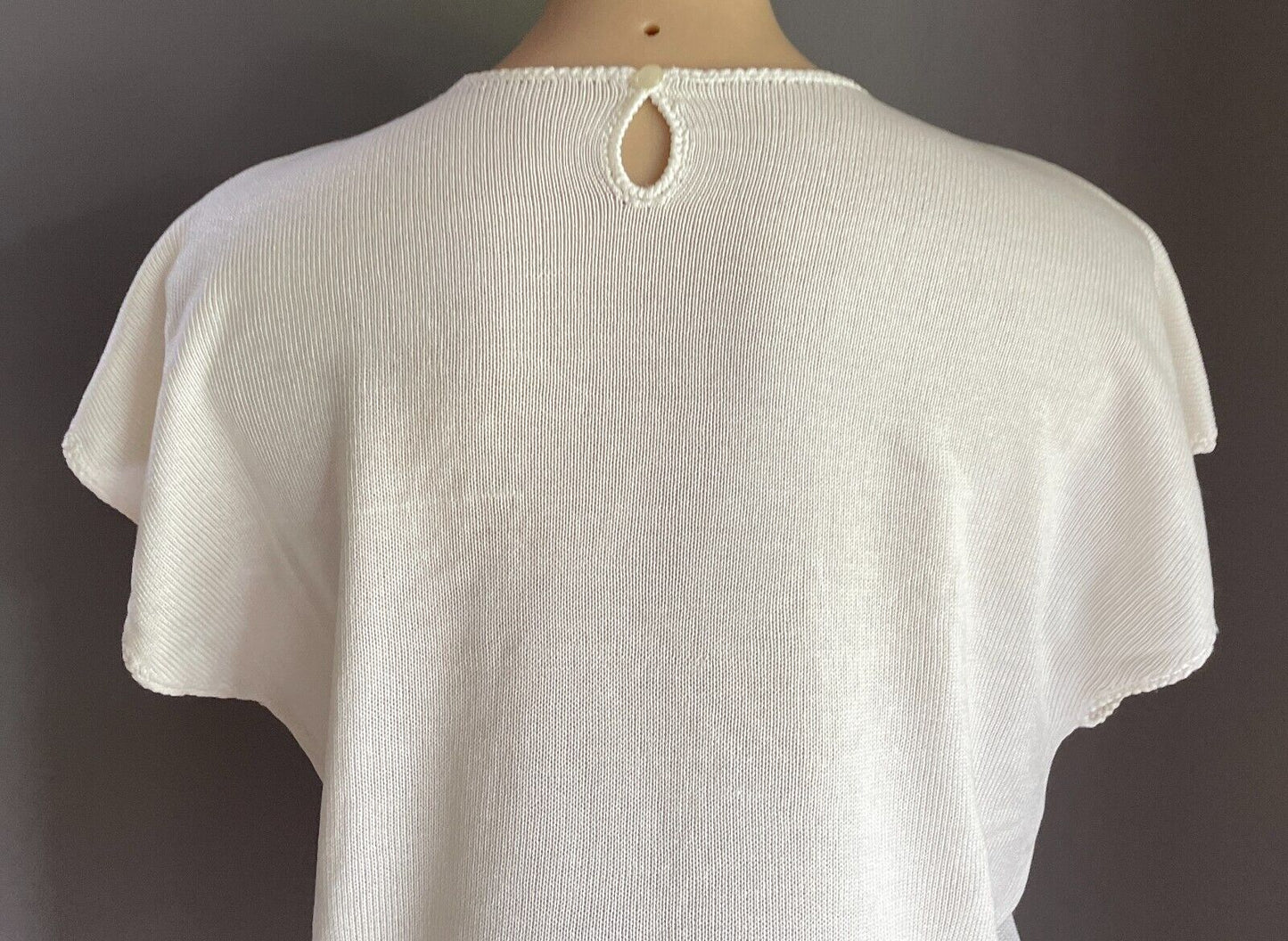 KNIT TOP Semi Sheer Floral Motifs Pearls Diamante 12 1980s Vintage Off White