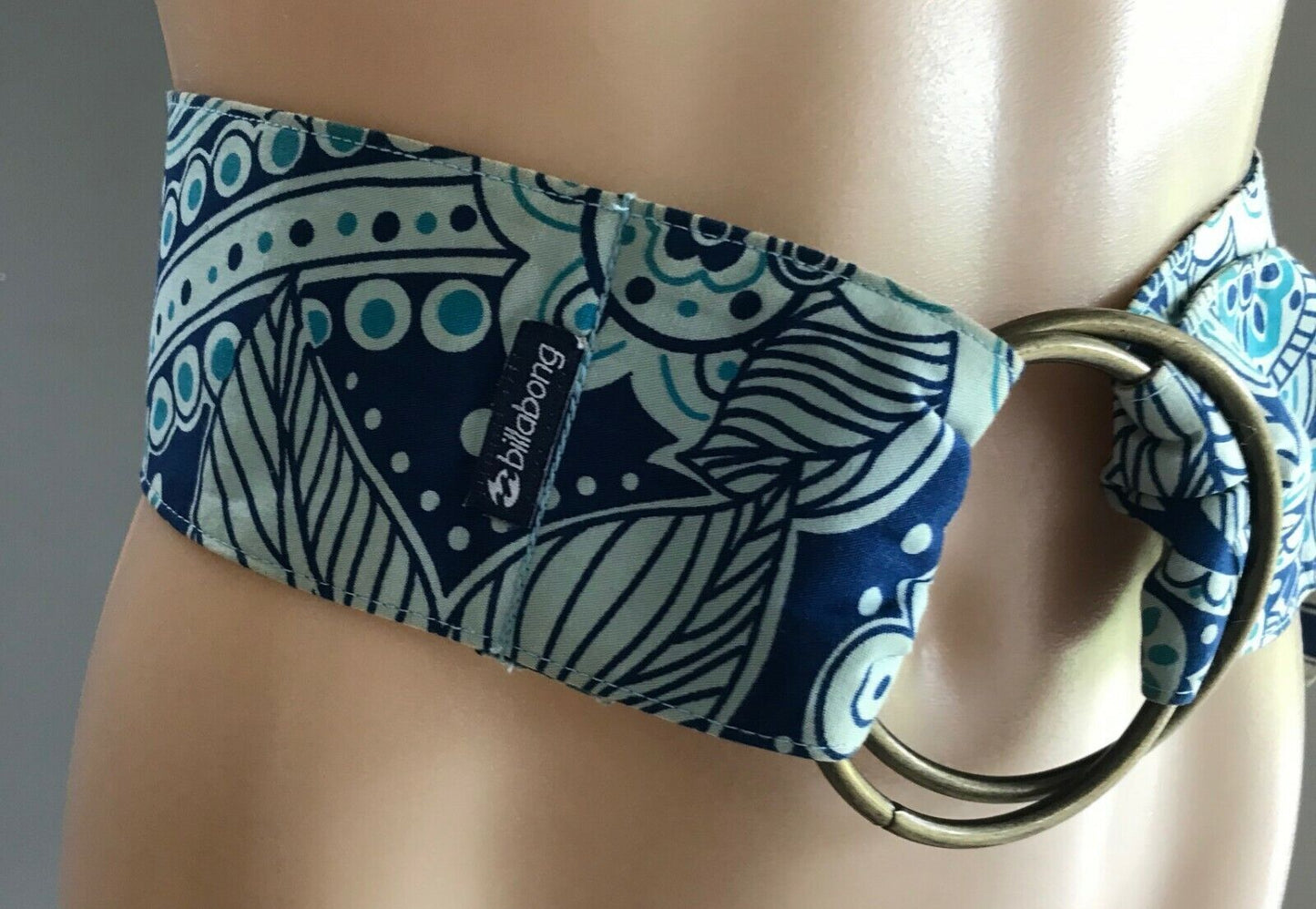 BILLABONG Fabric Belt 8cm Blue Green Abstract Print "O" Ring Ladies Size S 10