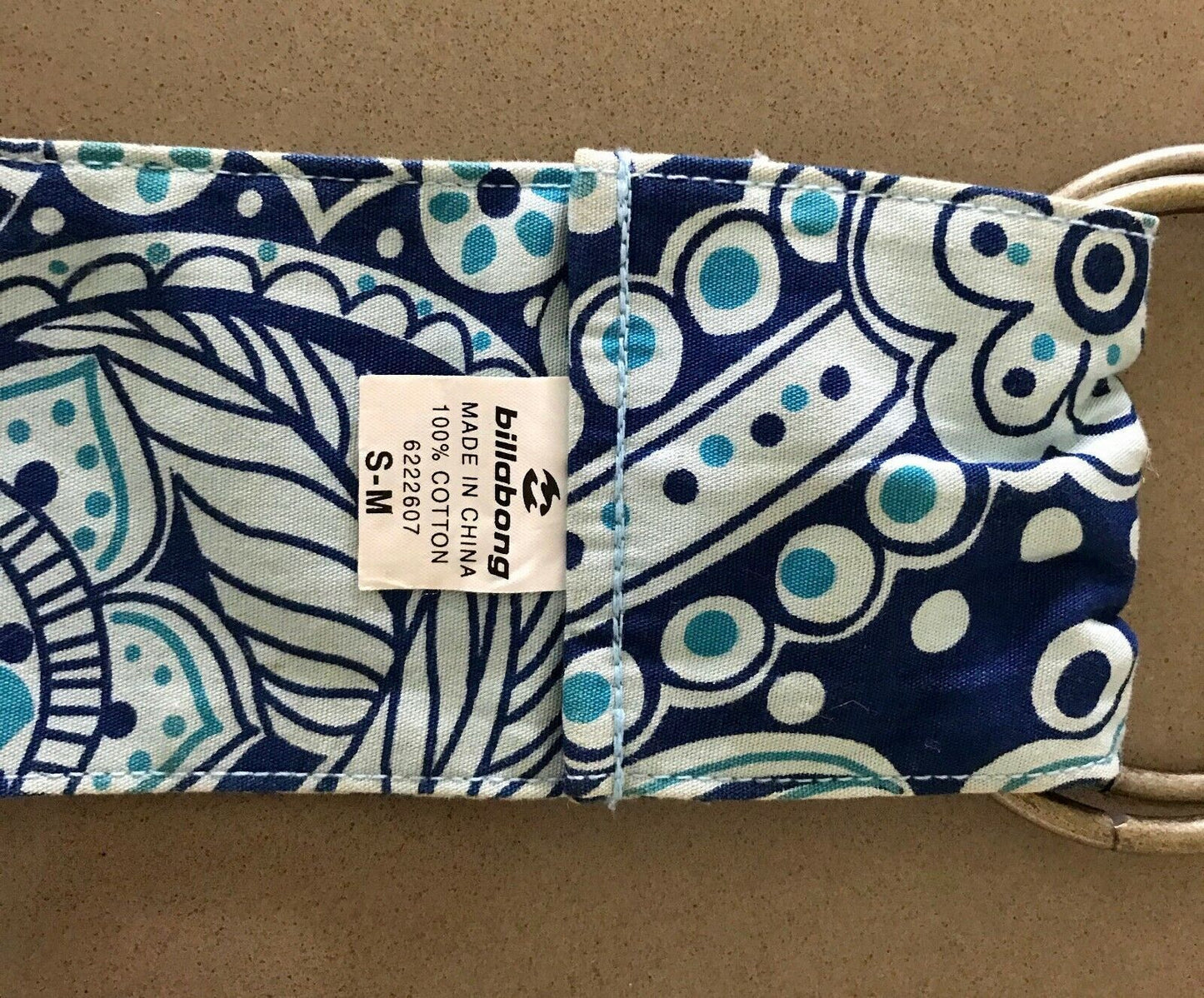 BILLABONG Fabric Belt 8cm Blue Green Abstract Print "O" Ring Ladies Size S 10