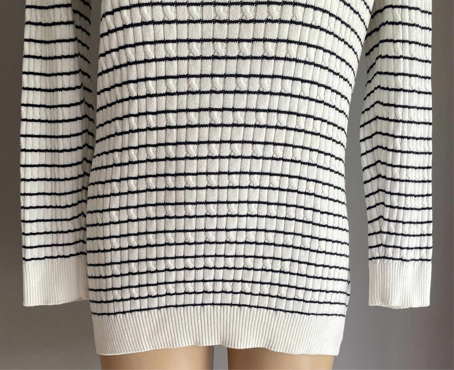 JNY JONES NEW YORK Cotton Knit Sweater Jumper Size L White Navy Stripe Boat Neck