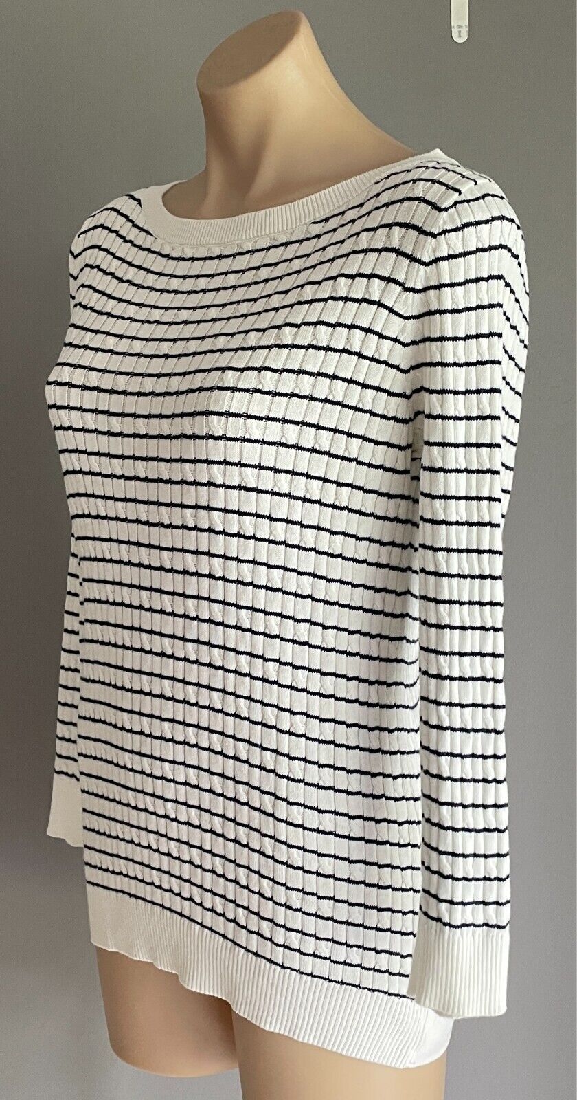 JNY JONES NEW YORK Cotton Knit Sweater Jumper Size L White Navy Stripe Boat Neck