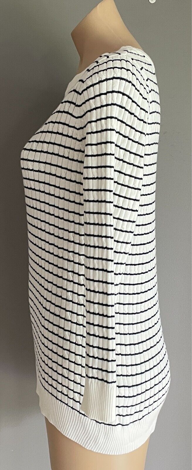 JNY JONES NEW YORK Cotton Knit Sweater Jumper Size L White Navy Stripe Boat Neck