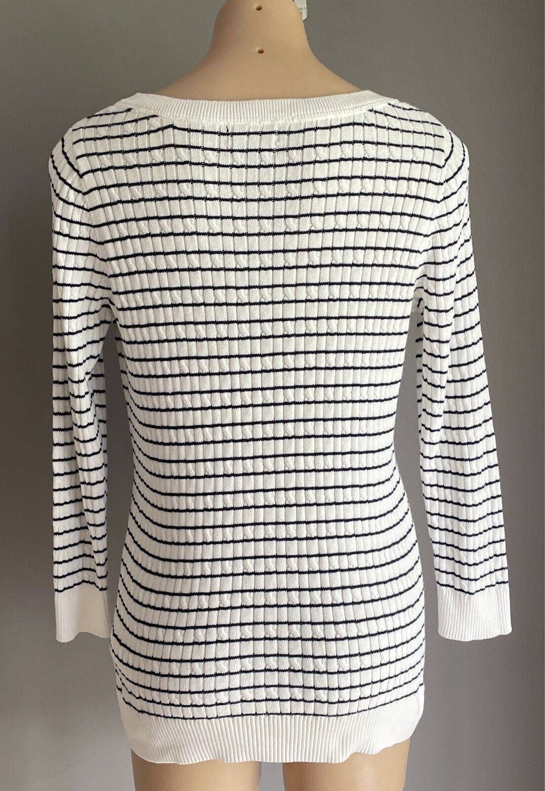 JNY JONES NEW YORK Cotton Knit Sweater Jumper Size L White Navy Stripe Boat Neck