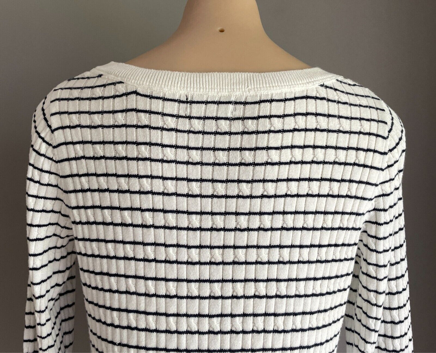 JNY JONES NEW YORK Cotton Knit Sweater Jumper Size L White Navy Stripe Boat Neck