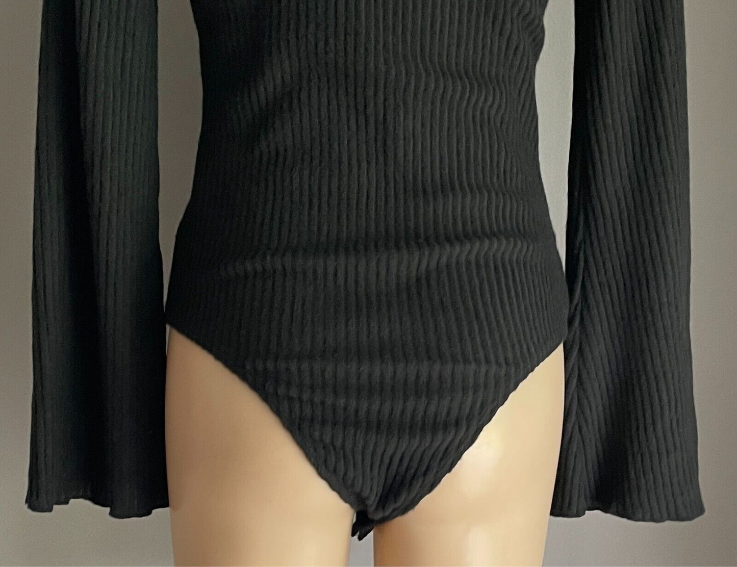 SHEIN Bodysuit Black Ribbed Fabric High Neck Size L Long Sleeves G-String Cut