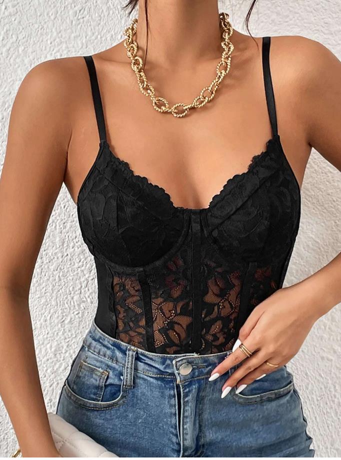 SHEIN Bodysuit Black Stretch Lace Bustier Cami Size L Adjustable Straps