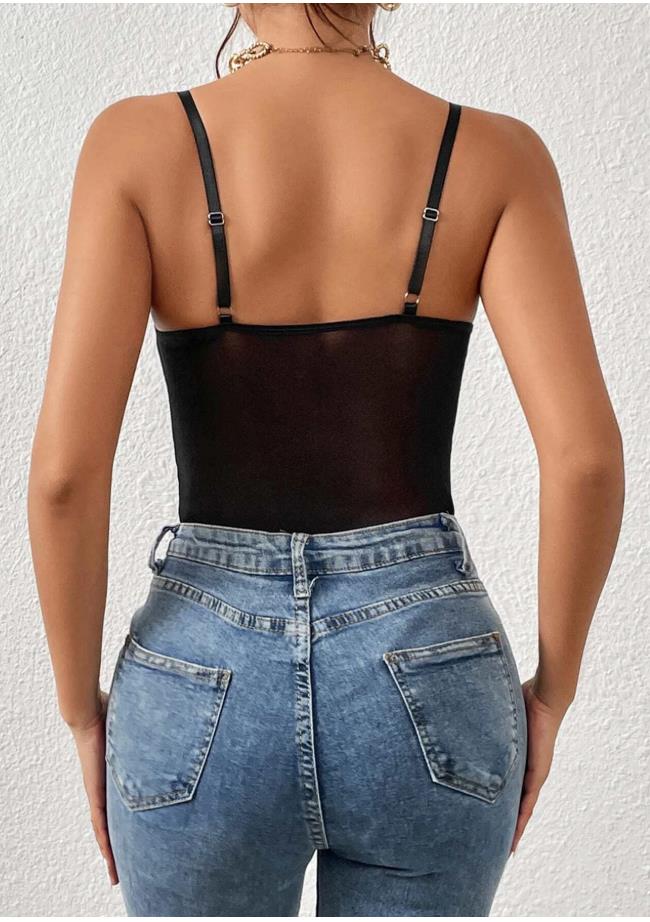 SHEIN Bodysuit Black Stretch Lace Bustier Cami Size L Adjustable Straps