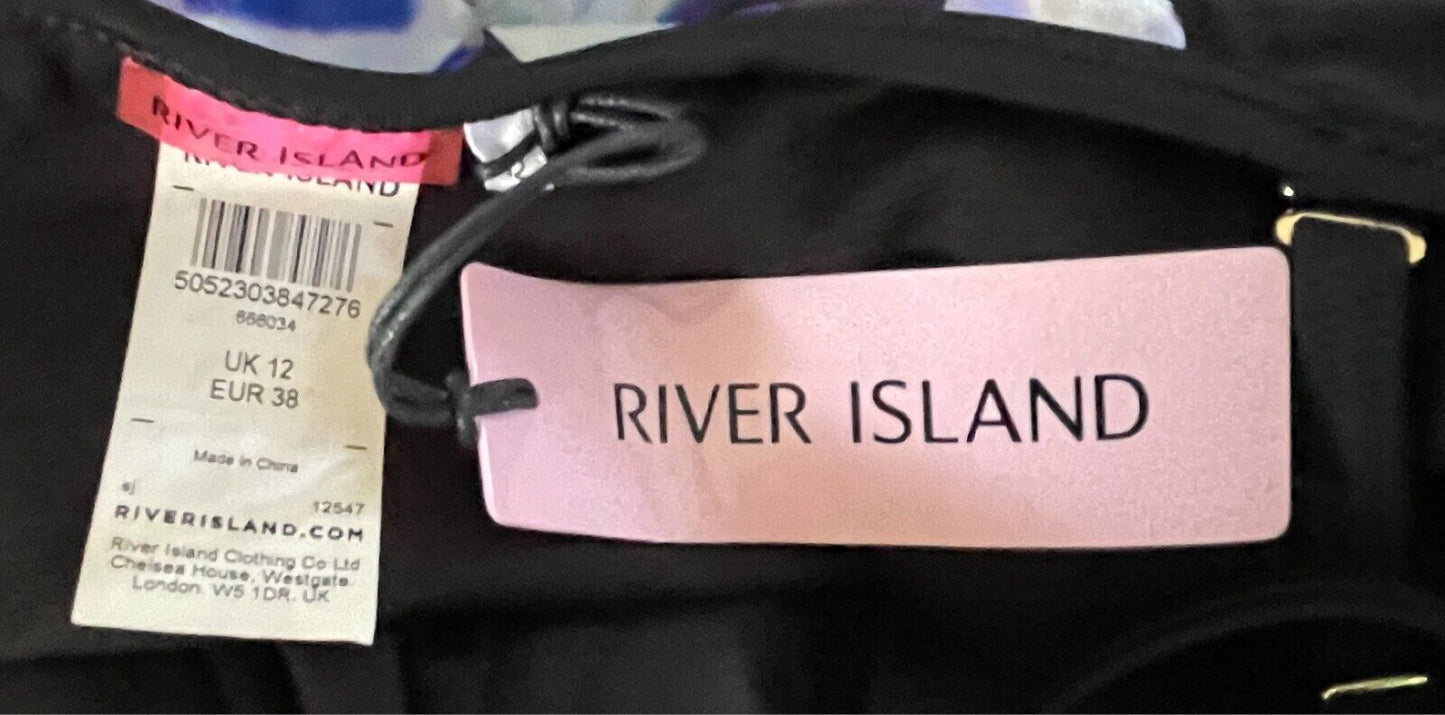 RIVER ISLAND Black & Contrast Print One Piece Swimsuit Size 12 Moulded Cups Zip