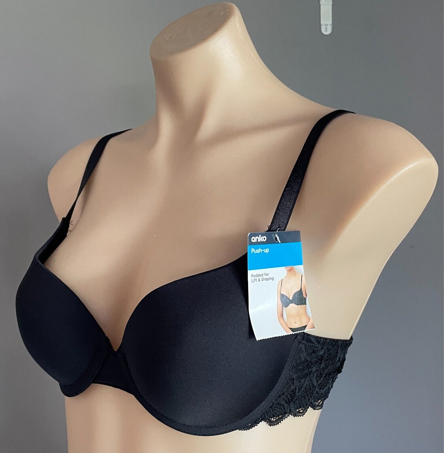 ANKO Black Push Up Bra Size 12B Smooth Cups Lace Wings Adjustable Straps NWT!