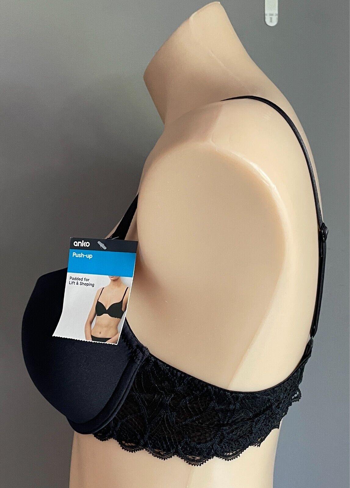 ANKO Black Push Up Bra Size 12B Smooth Cups Lace Wings Adjustable Straps NWT!