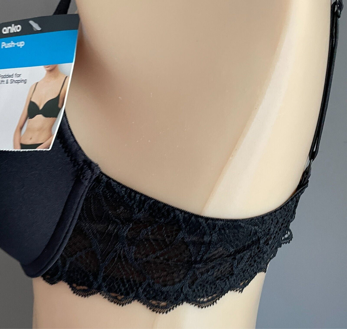 ANKO Black Push Up Bra Size 12B Smooth Cups Lace Wings Adjustable Straps NWT!