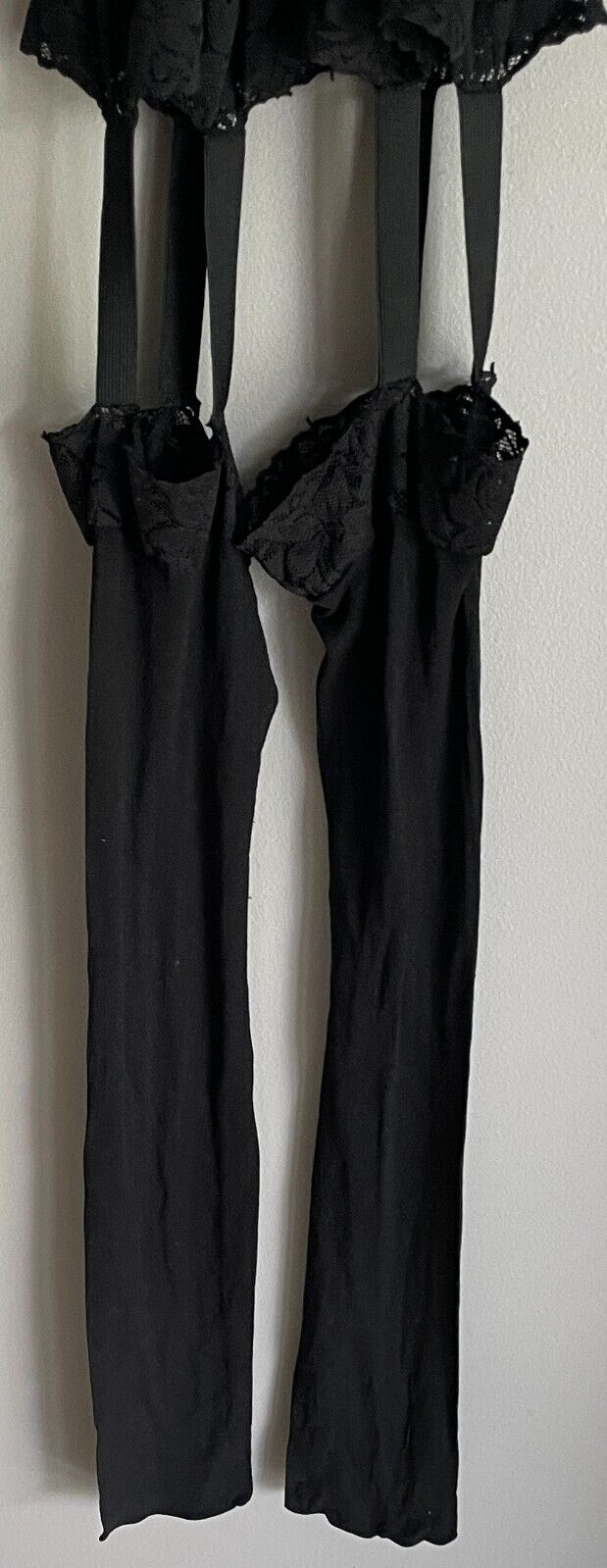 Body Stocking Black Nylon Stretch Full Lace Trim Garter Look Size 10 Crotchless