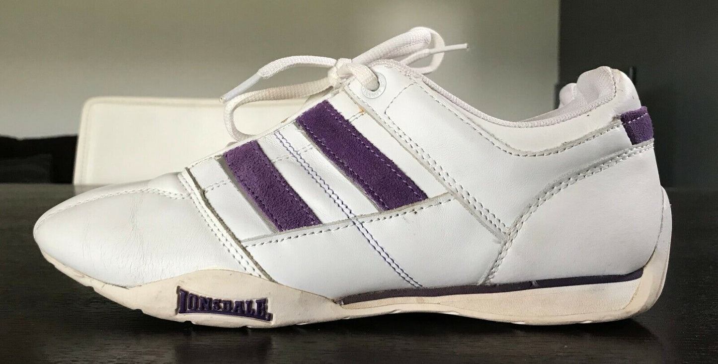 Ladies LONSDALE White & Purple Trim Laced Trainers Sneakers Shoes Size EU 39