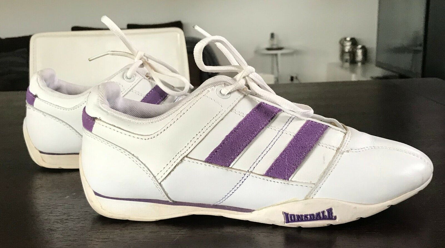 Ladies LONSDALE White & Purple Trim Laced Trainers Sneakers Shoes Size EU 39