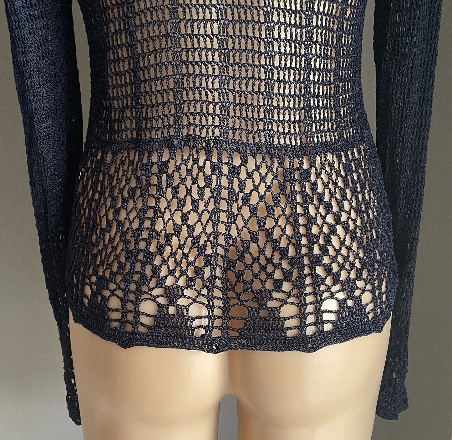 CROCHET CARDIGAN Open Navy Blue Long Sleeve Cardigan Jacket Clip Size 10 Viscose