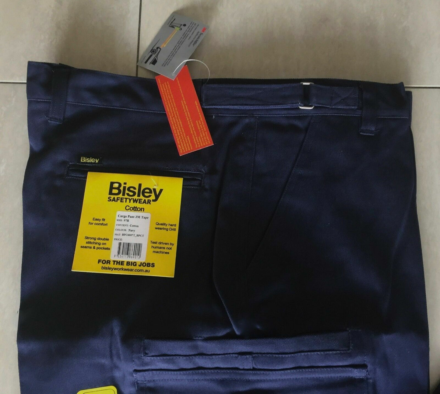 MensBISLEY HI VIZ Pants Cargo Safety Wear Navy Blue Reflective Tape Sz 97R New
