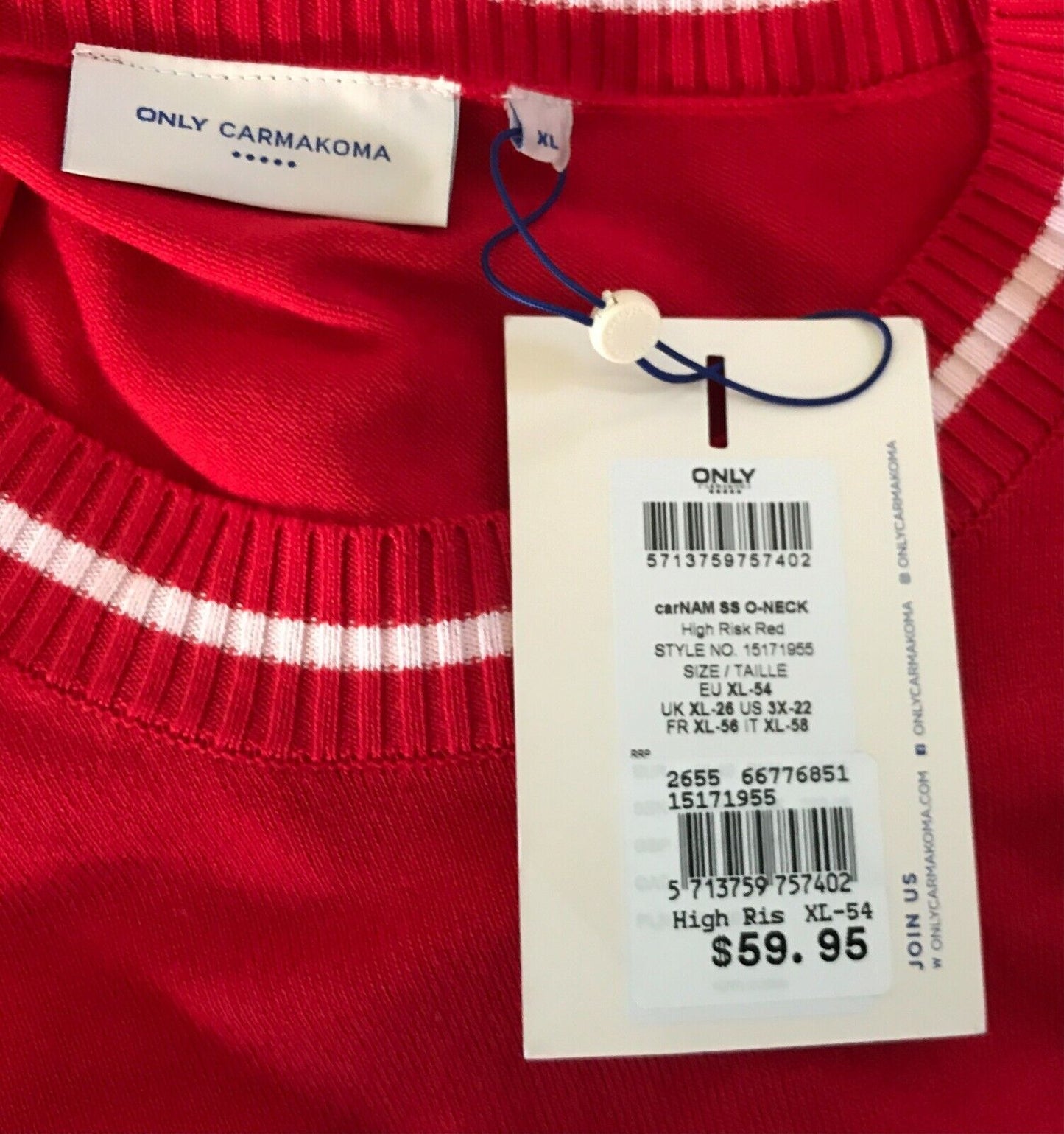 ONLY CARMAKOMA Sweater Red White Trim Fine Knit Short Sleeve Plus Size XL 26 New
