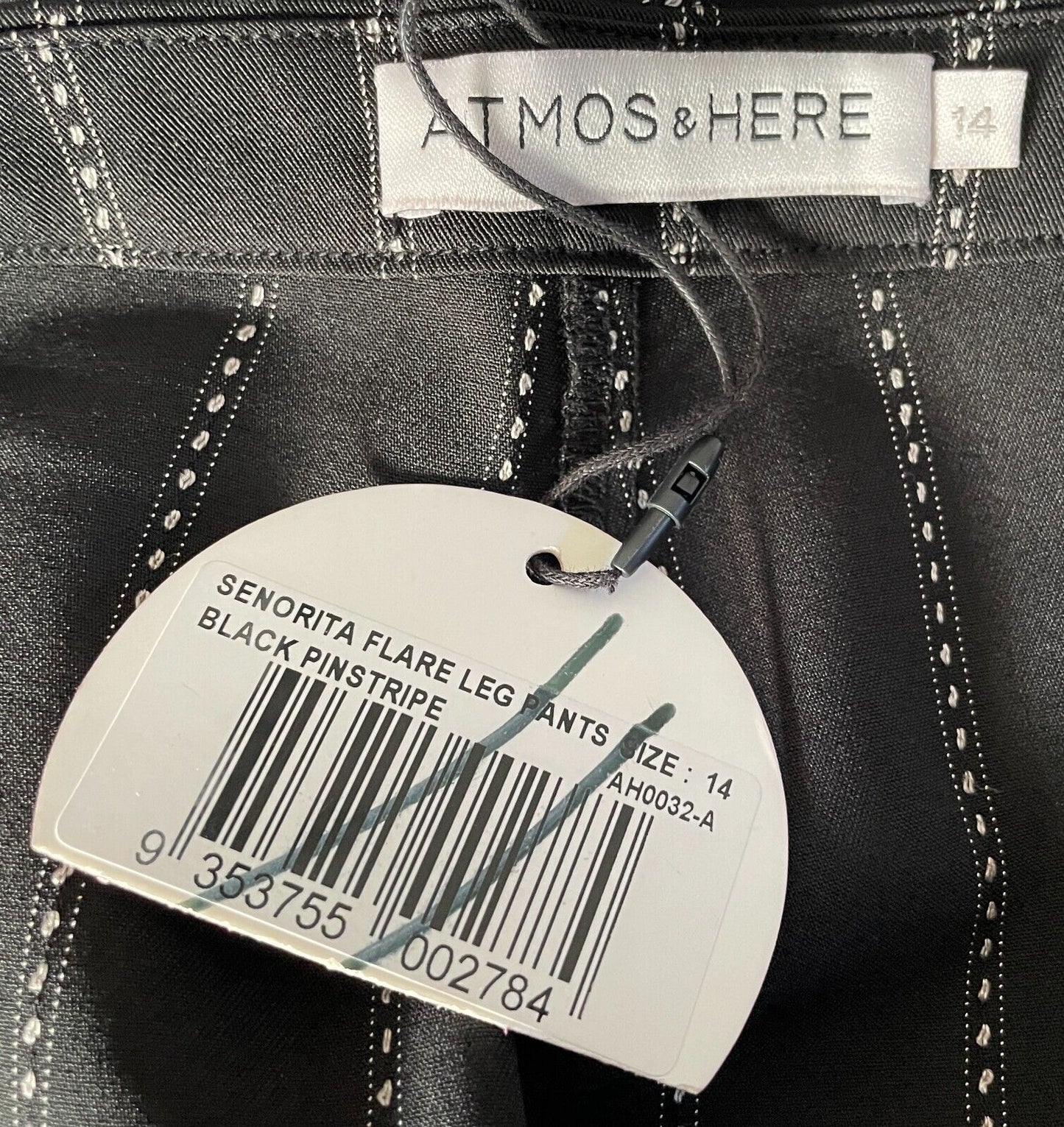 ATMOS & HERE "Senorita" Pants Black White Fabric Flare Leg Notched Hem Sz 14 New