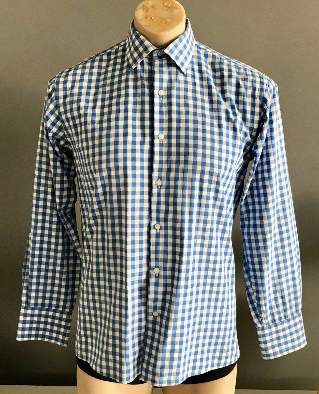 Mens VAN HEUSEN Shirt Blue & White Check European Fit Long Sleeve Size Neck 38cm